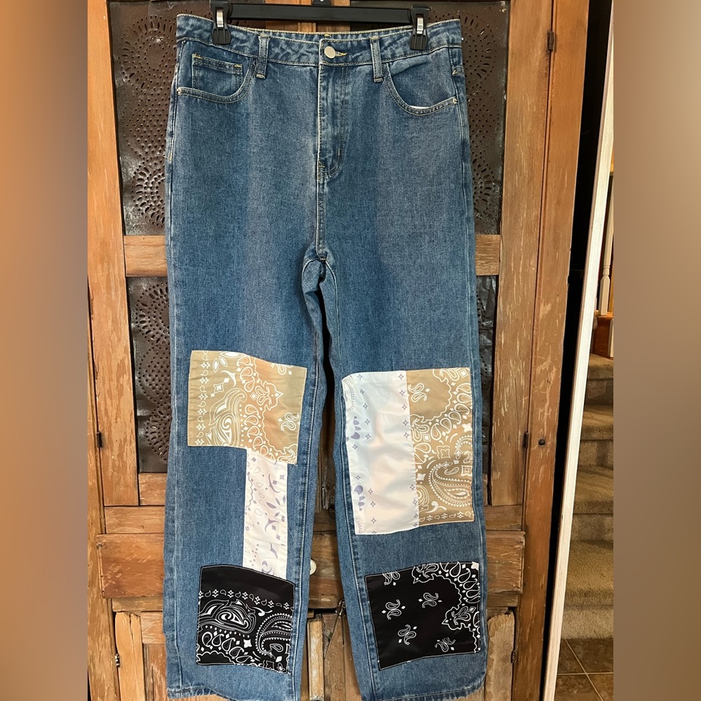👗SHEIN Blue Straight Leg Jeans with Patchwork size large